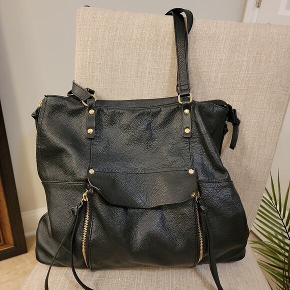KOOBA Everette Black Large Leather Satchel Tote Bag Gold Tone Hardware - Picture 4 of 6